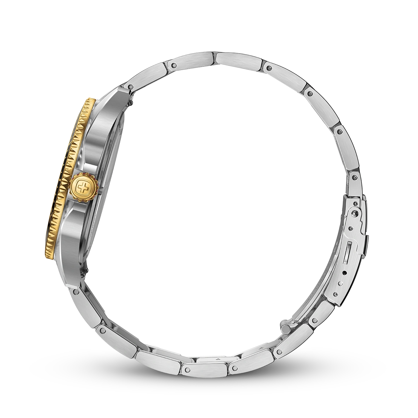 Watch, silver band, gold bezel, black background, side view, Swiss made