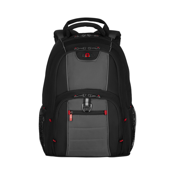 Black backpack with red accents and gray center section, set against a black background.
