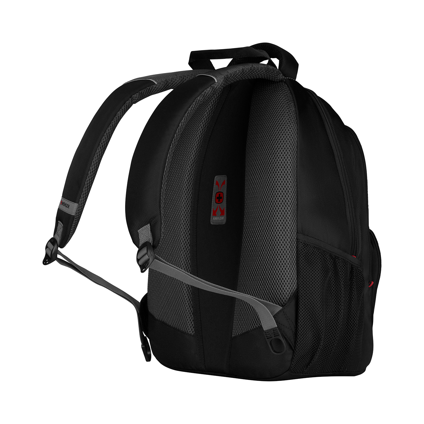 Black backpack with airflow system, shoulder straps, and Wenger logo, isolated on a black background.