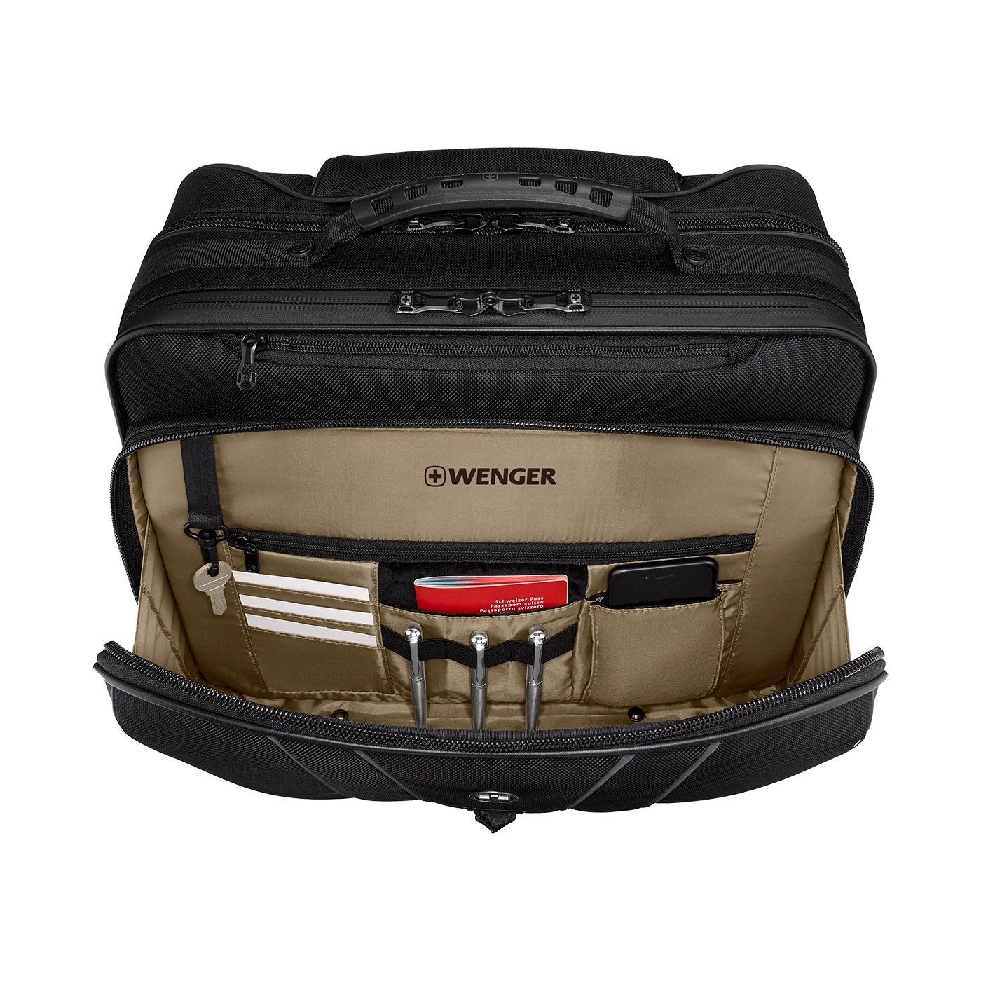 Black briefcase with open compartment, pens, ID, and phone inside