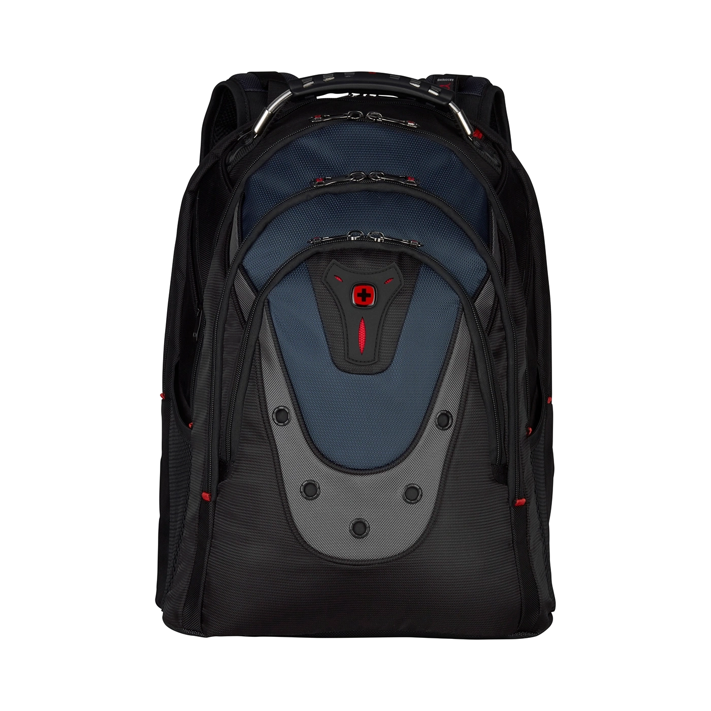 Black backpack with blue and gray accents, red cross logo, isolated on black
