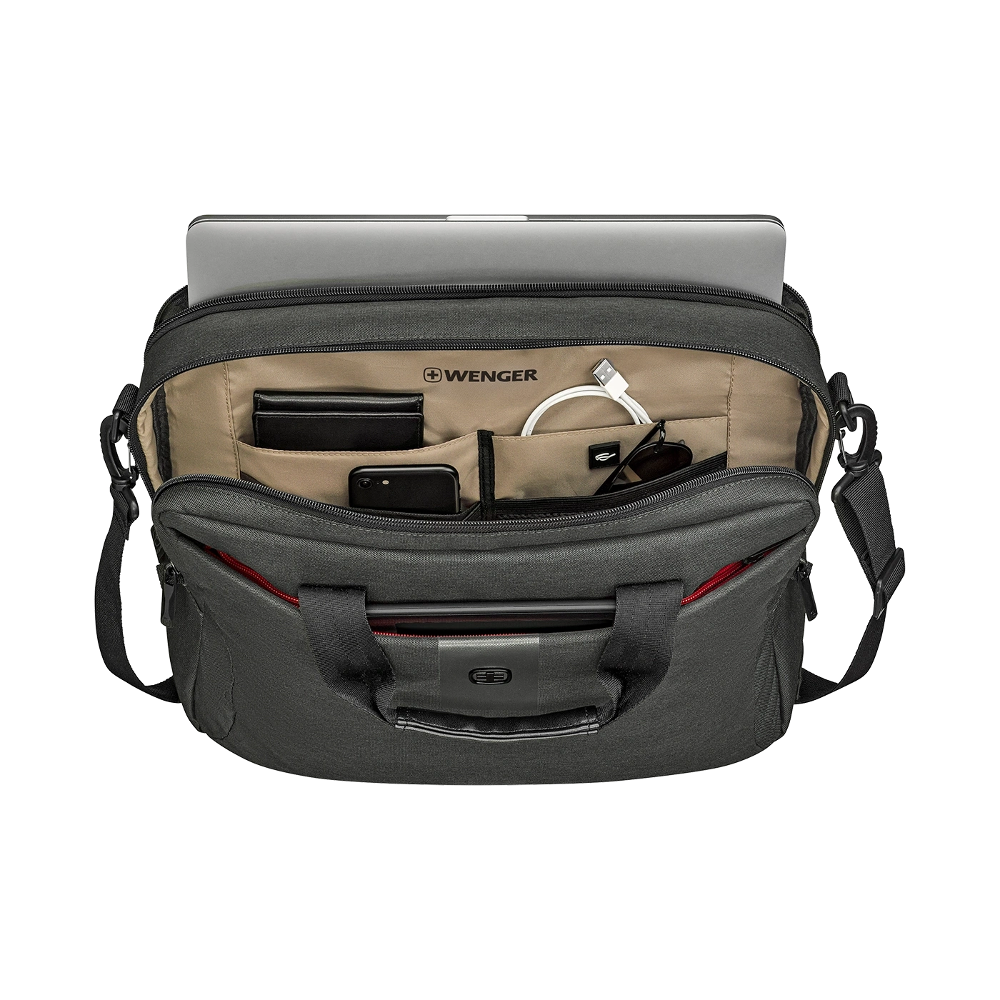 Black briefcase with laptop, phone, sunglasses, and cables. Brand: Wenger.