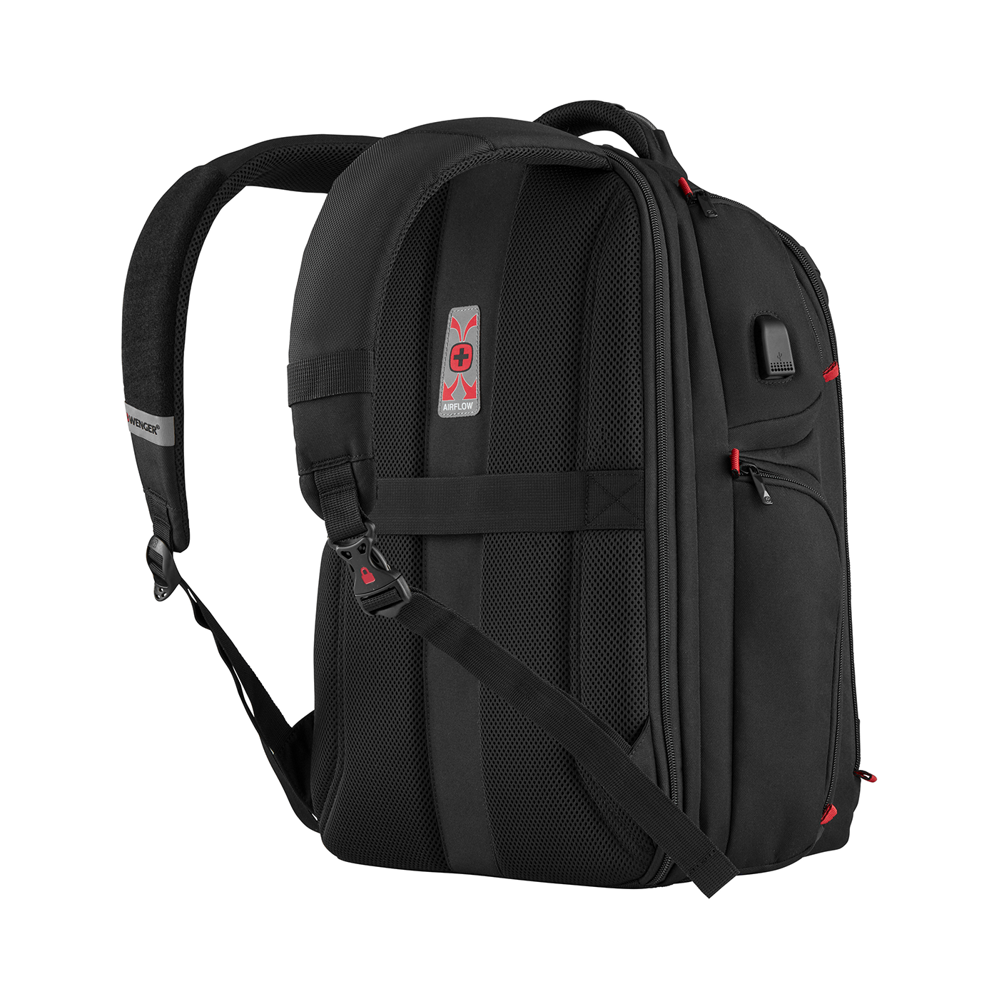 Black backpack with red zipper and USB port, Airflow system, Wenger brand, side view