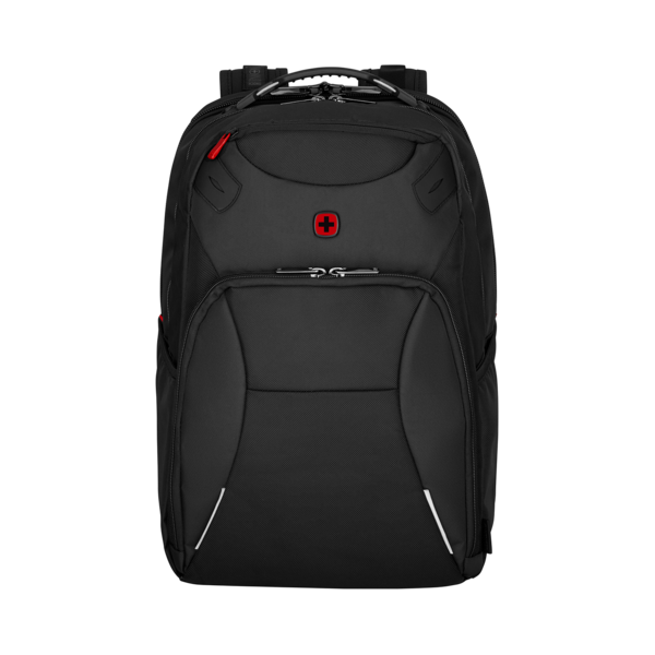 Black backpack with red cross and zippers, perfect for travel and carrying essentials.