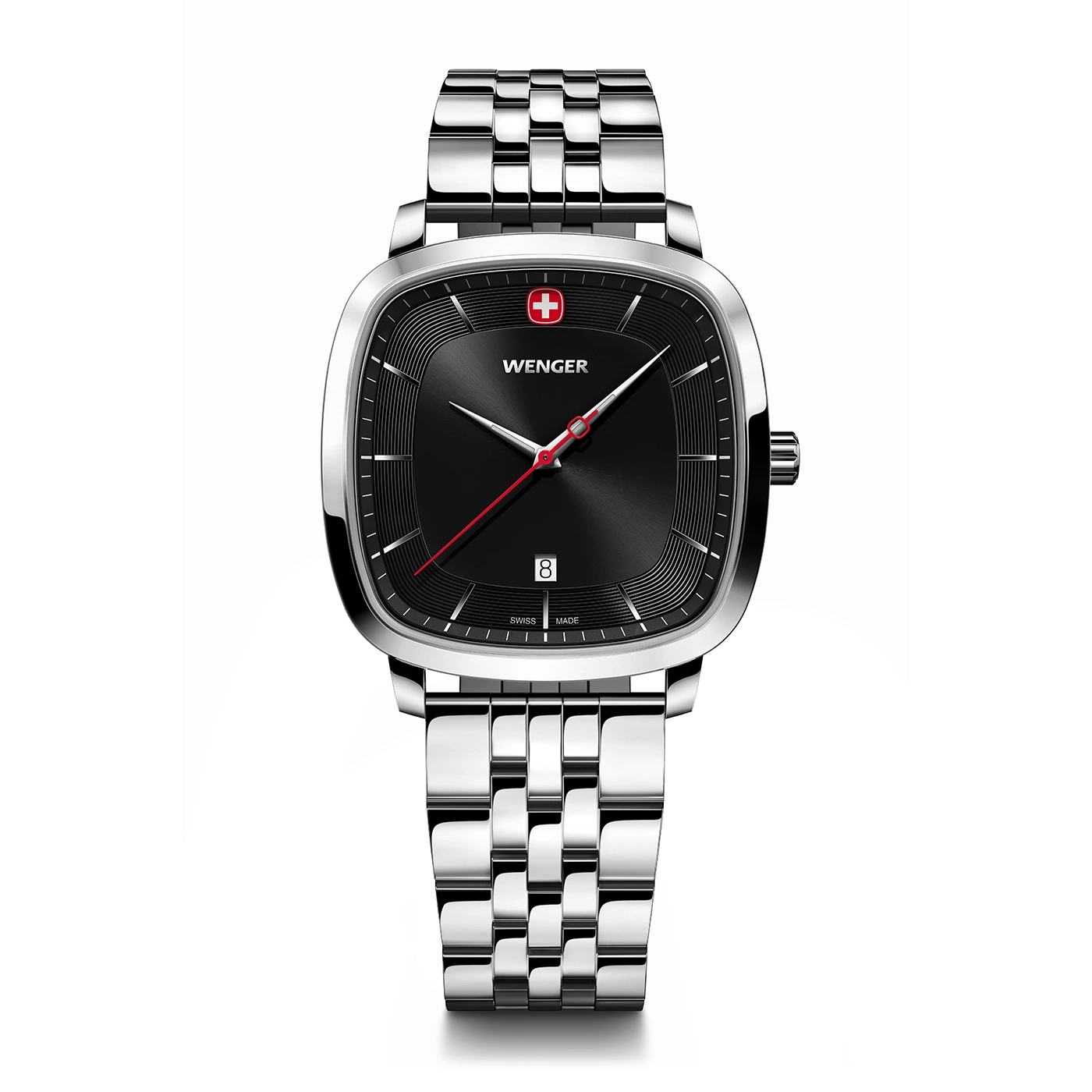 Wenger watch with black dial and silver bracelet on a black background