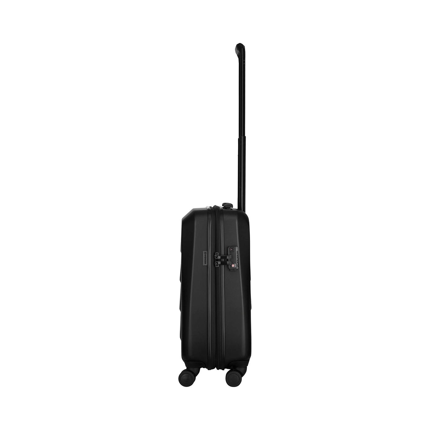 Black suitcase with retractable handle and wheels, ready for travel and trips.
