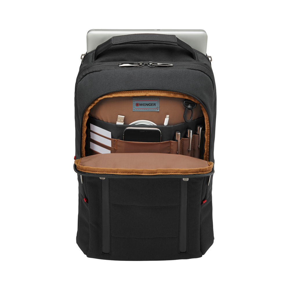 Black backpack with laptop and accessories, open, inside view, Wenger brand