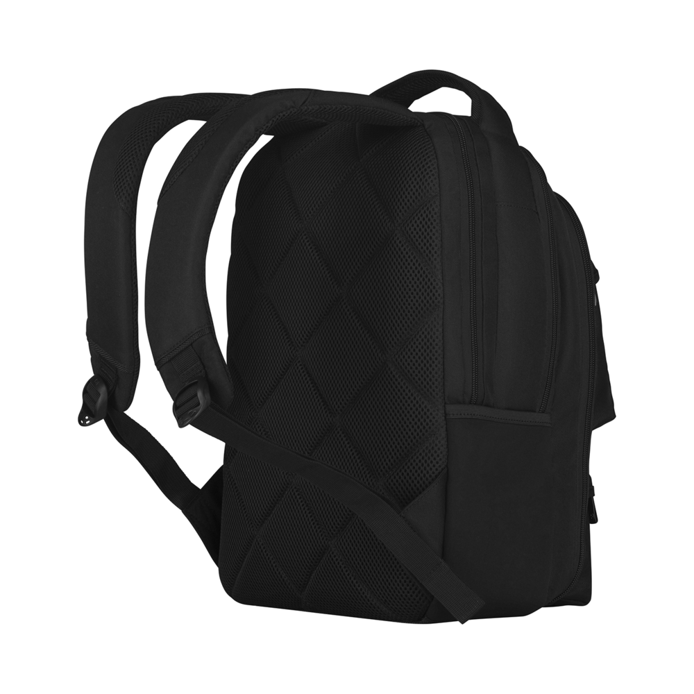 Black backpack, side view, shoulder straps, mesh, zippers, carry handle, outdoor gear