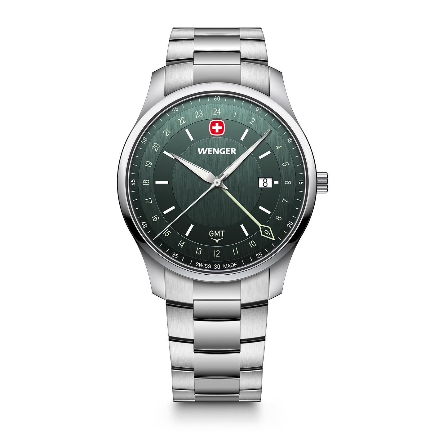 Men's watch silver-green Ø 42 mm Swiss Made Quartz Watch with GMT Function