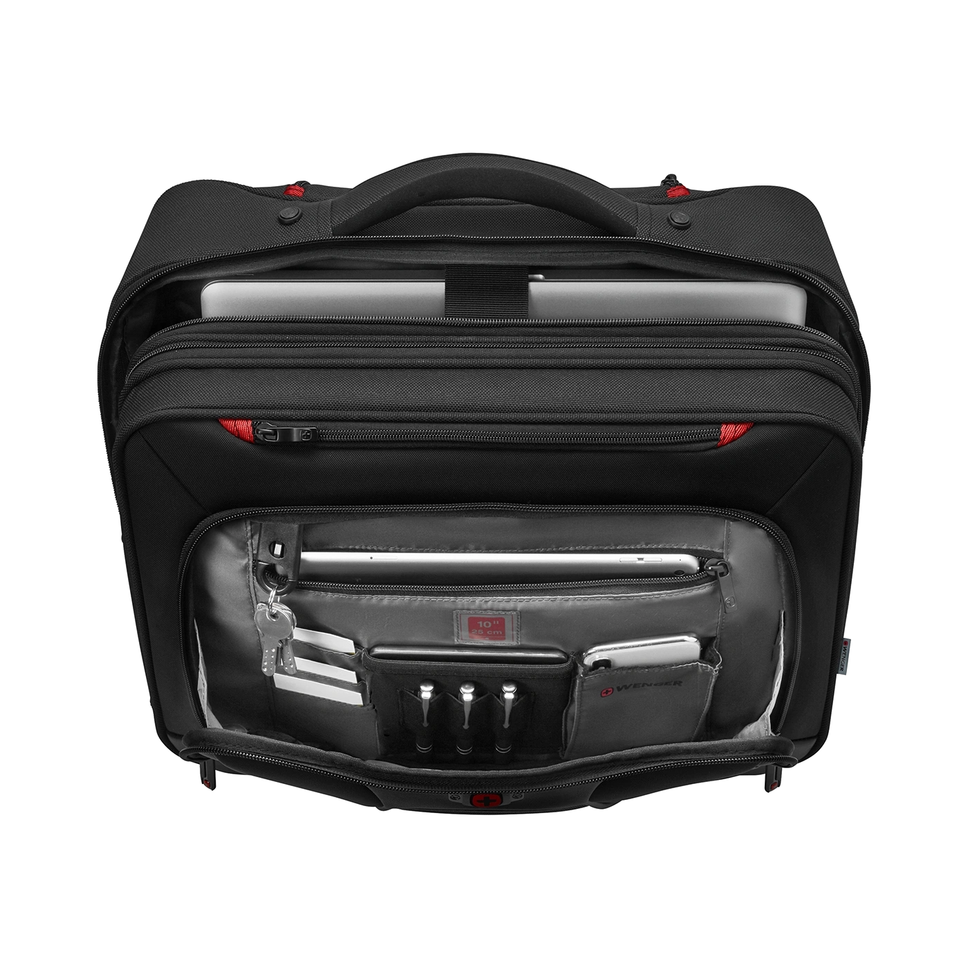 Black suitcase with open compartments, laptop, and accessories inside.