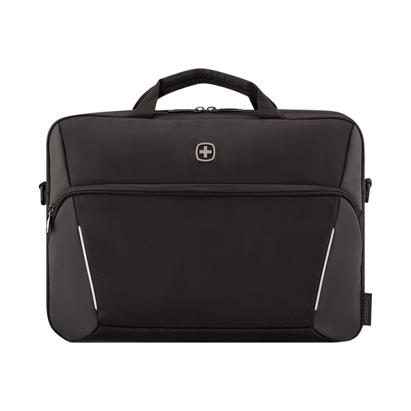 Black laptop bag with handle and logo, perfect for carrying devices and essentials.
