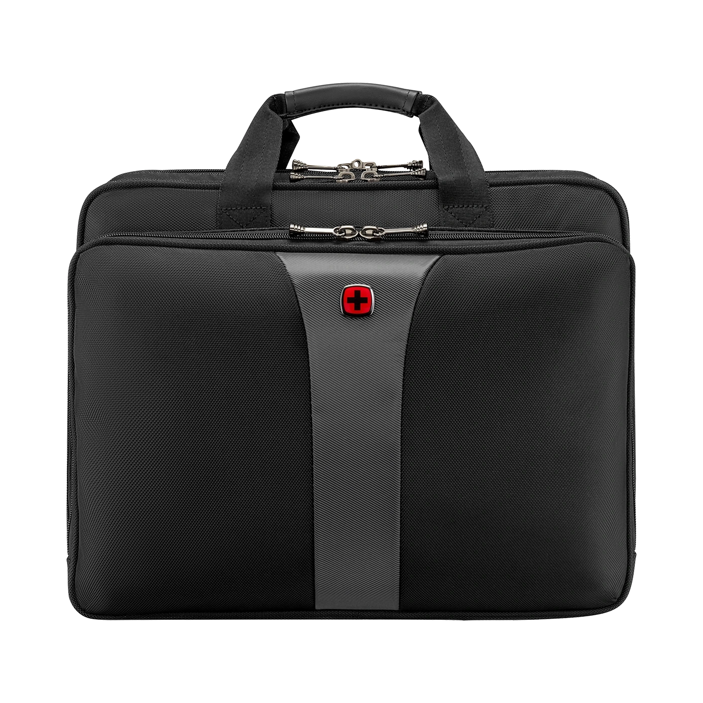 Black briefcase with red cross logo, handle and zipper, business bag, Swiss design