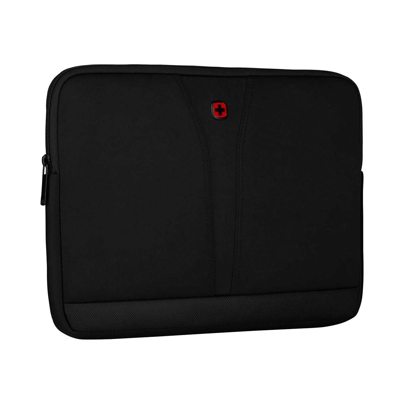 Black laptop sleeve with red cross logo and zipper closure