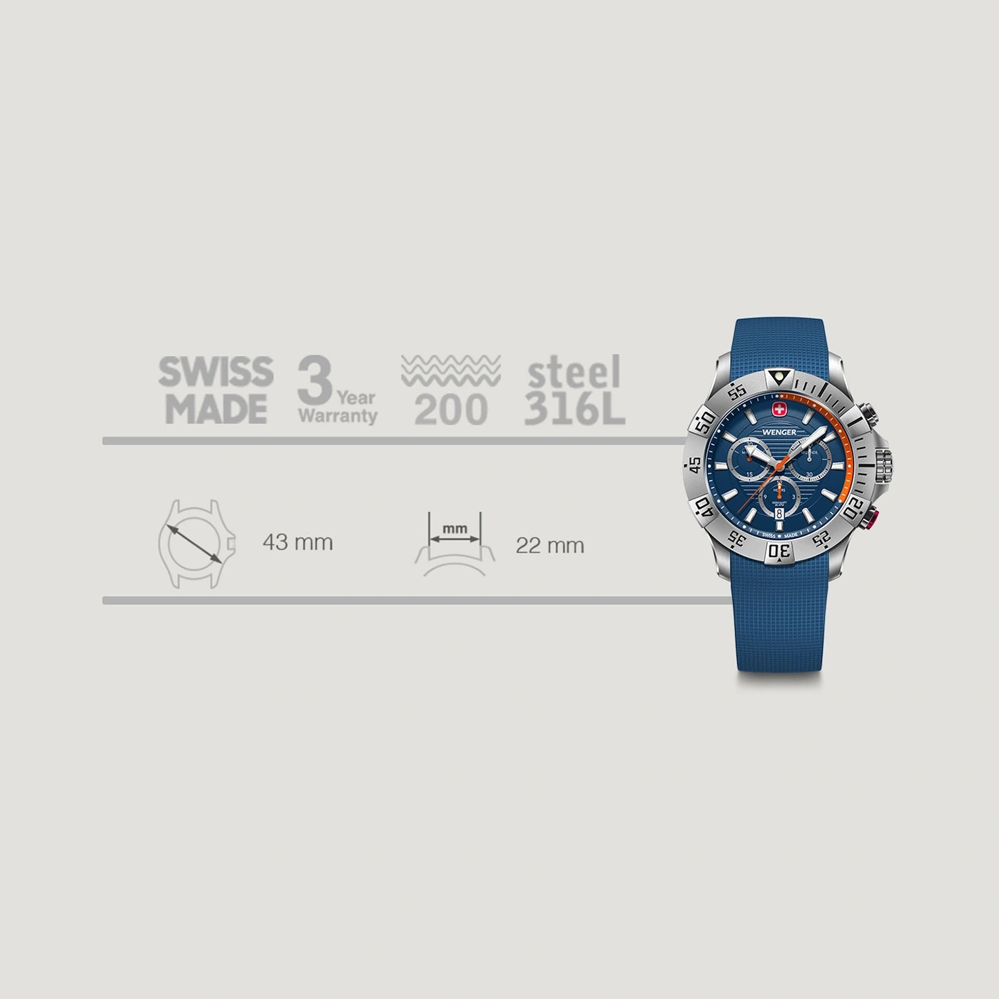 Wenger watch, Swiss Made, 43mm case, 22mm strap, 200m water resistant, steel 316L, 3 year warranty.