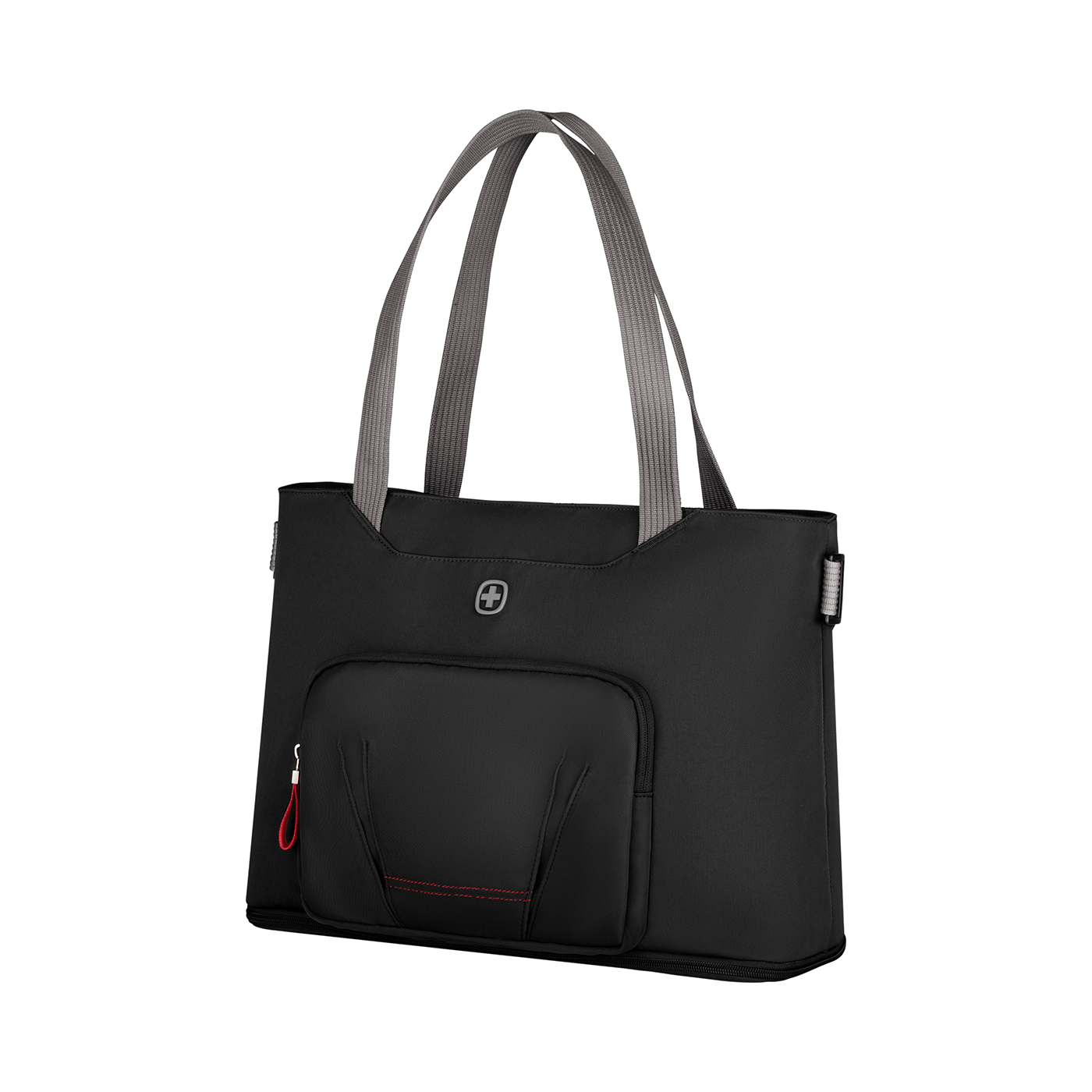 Black tote bag with gray straps and red zipper on a black background.