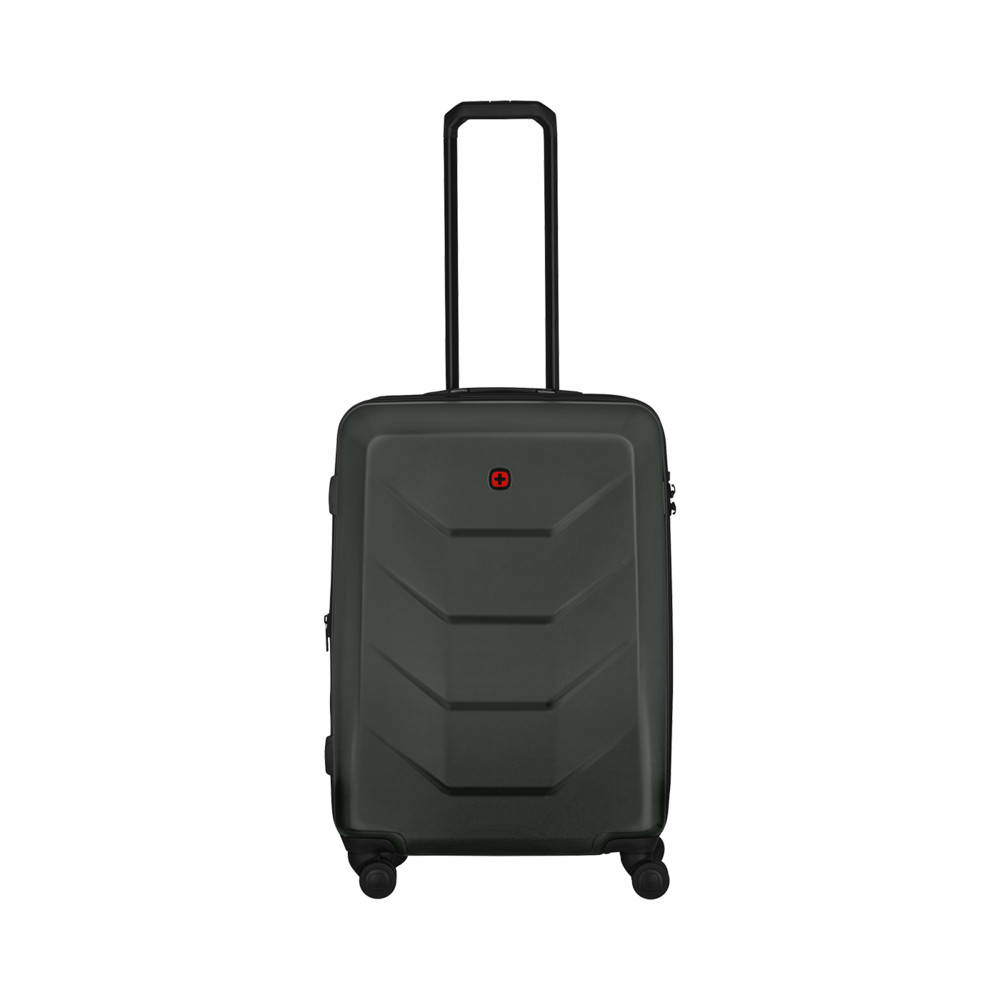 Black suitcase with retractable handle and wheels, isolated on white background