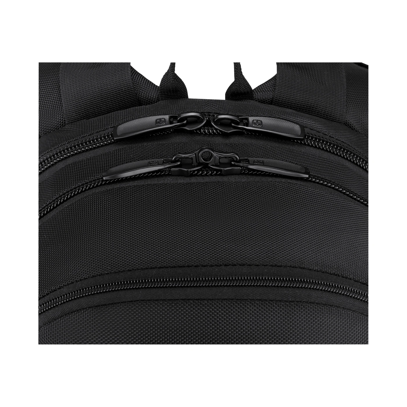 Close-up of a black backpack with two zippers and Wenger logo.