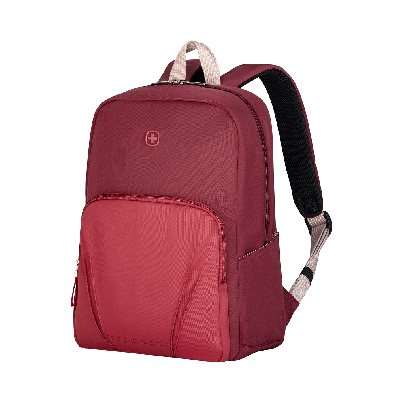 Red backpack with zipper and logo on a black background, isolated