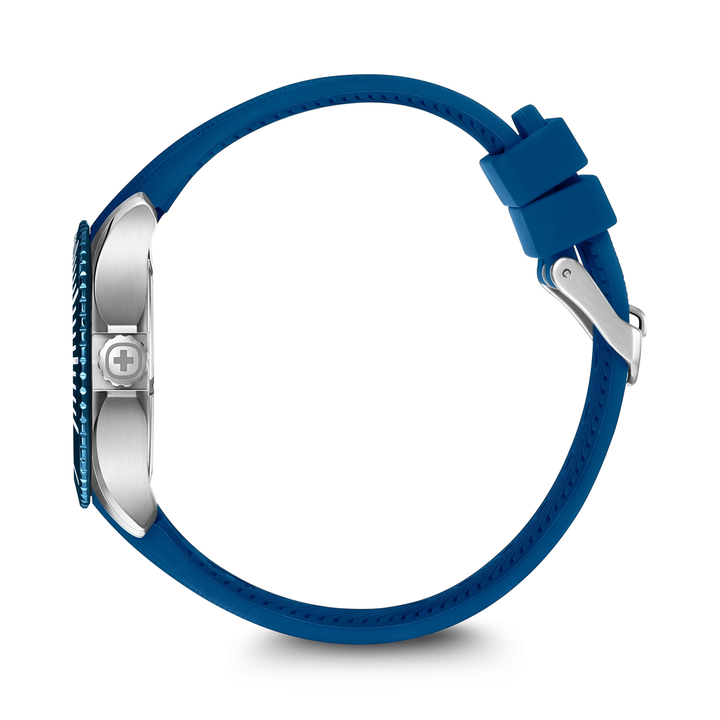 Blue watch with silver case and strap on a black background