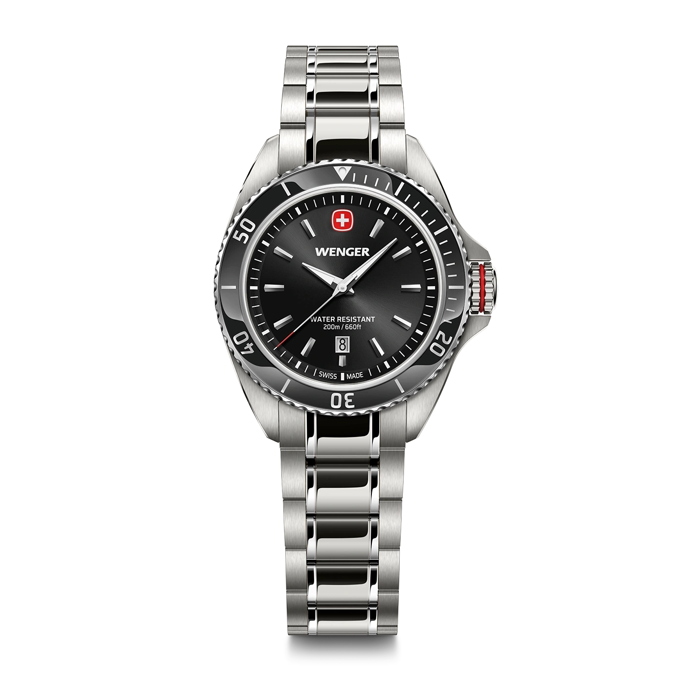 Wenger watch with black dial and date display on a silver bracelet.