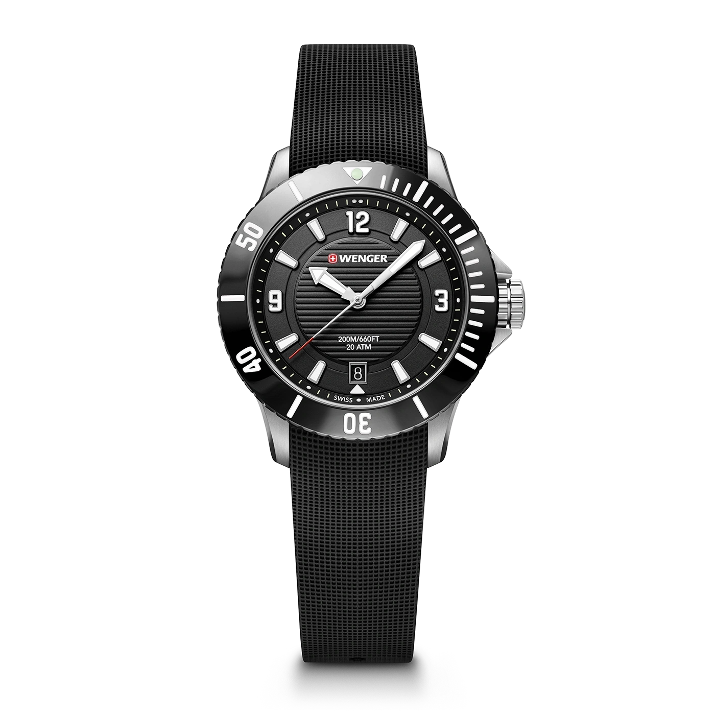 Wenger watch, black, silver, dial, strap, 20 ATM, 200M/660FT, Swiss Made