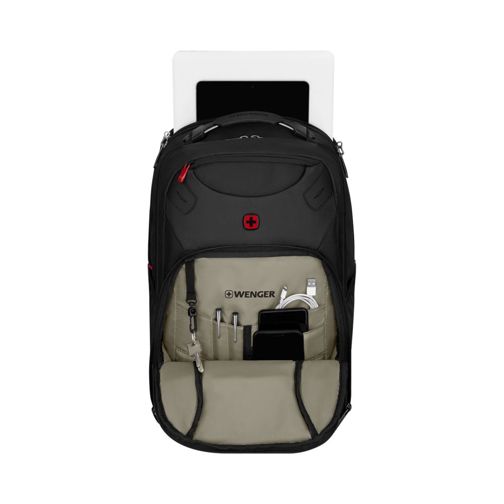 Black backpack with open pocket filled with items against a black background, Wenger brand.