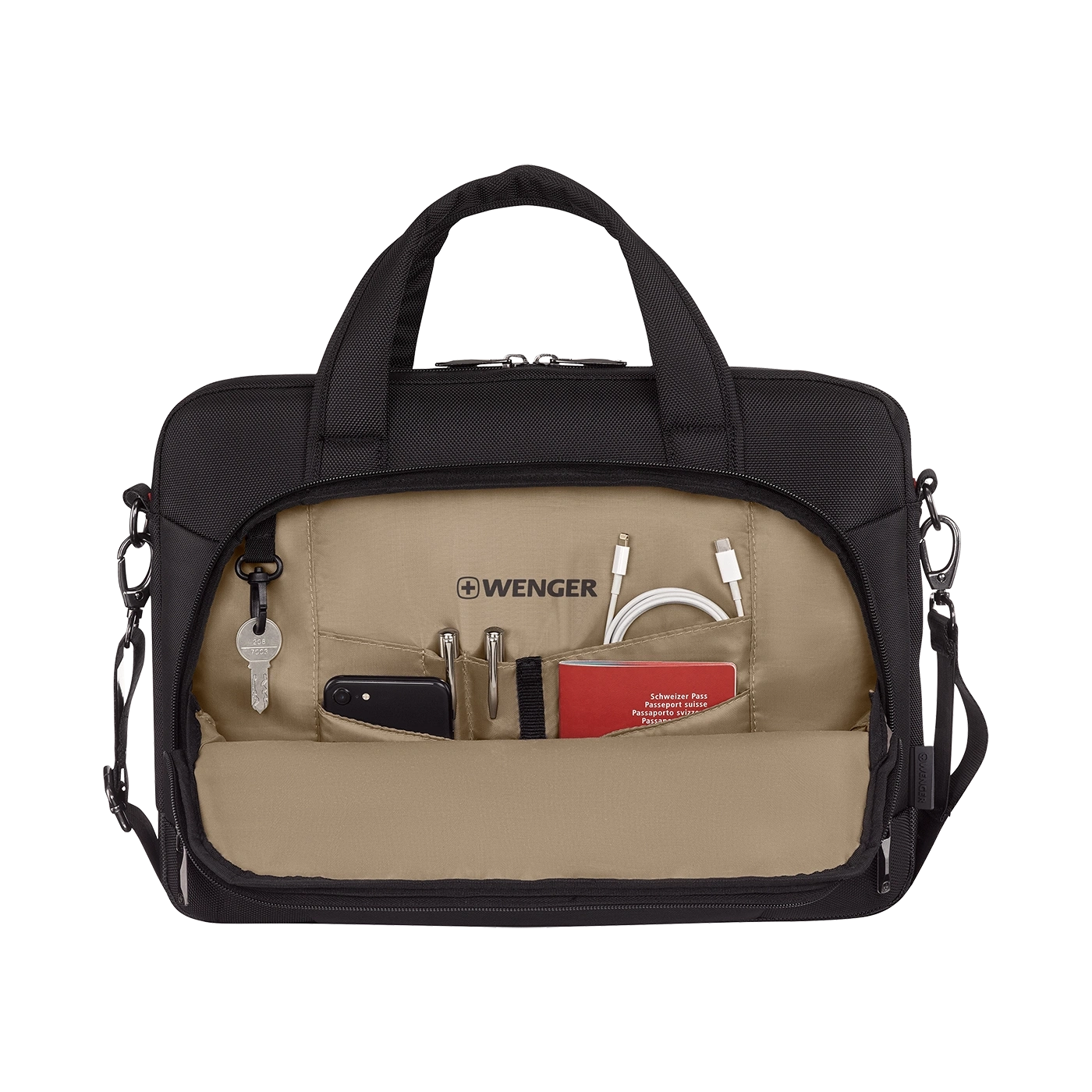 Schwarze Aktentasche mit geöffneten Taschen, Zubehör und Logo von Wenger.