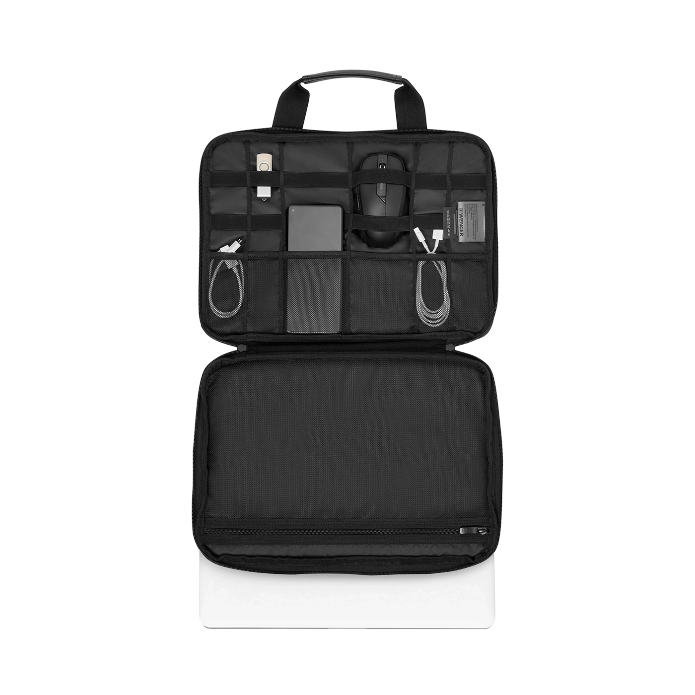 Black bag with laptop and accessories, open, on a black background.