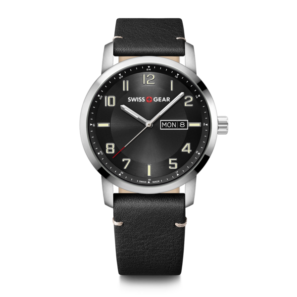Black watch with leather strap, Swiss Gear, date, dial, elegant design, time.