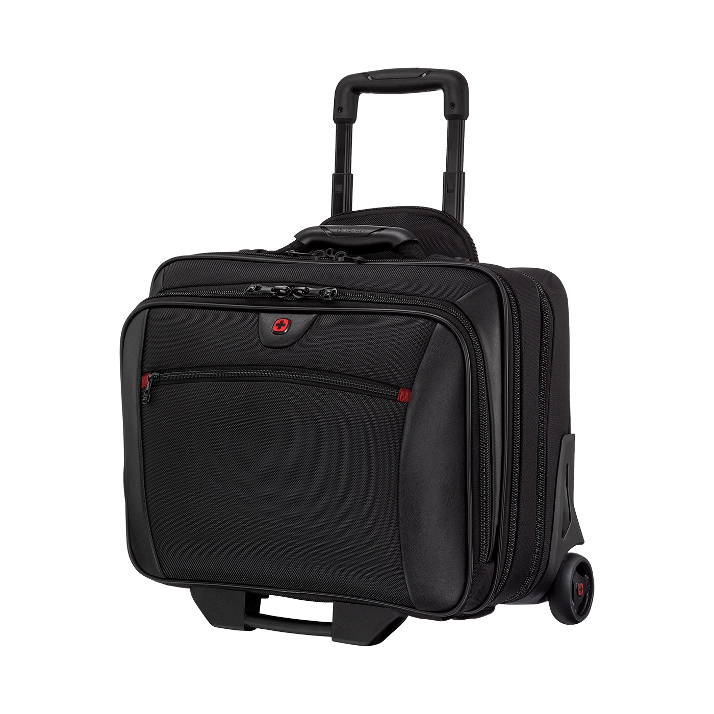 Black rolling suitcase with retractable handle and red accents, perfect for travel and business.