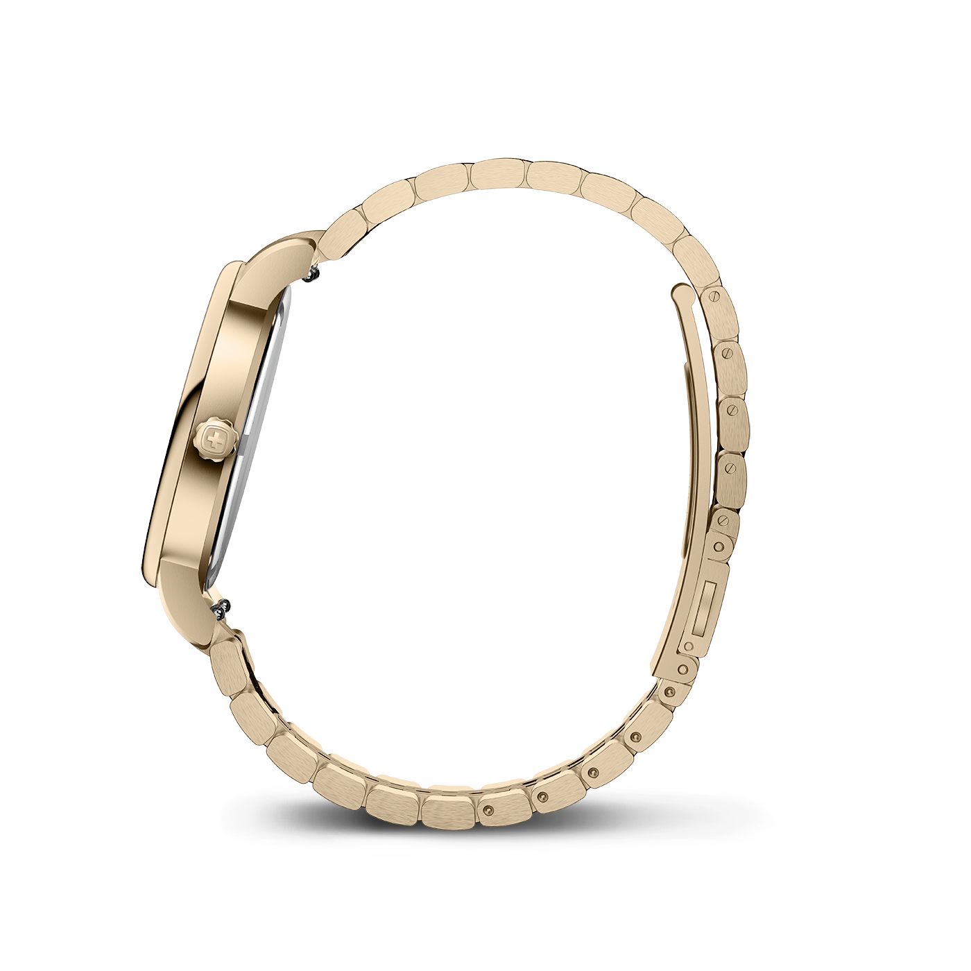 Side view of a gold ladies watch with bracelet on a white background.