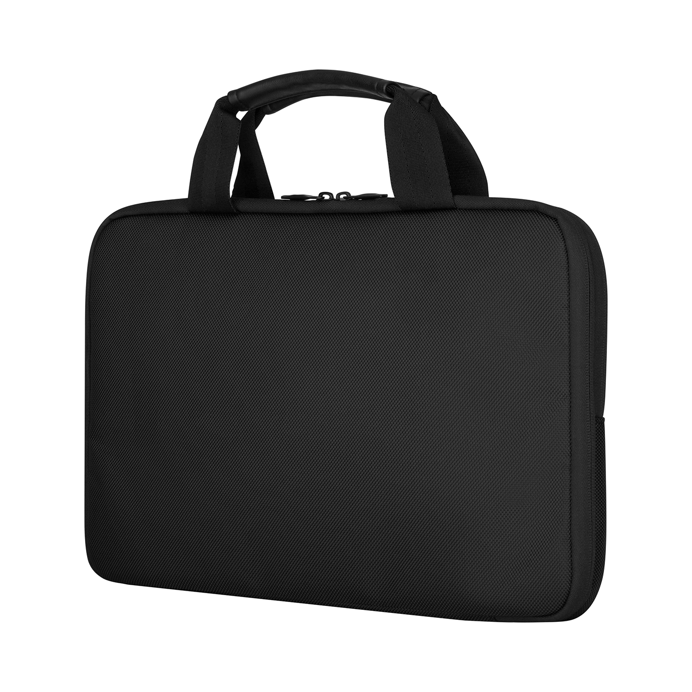 Black laptop bag with handles isolated on black background. Elegant design and texture.