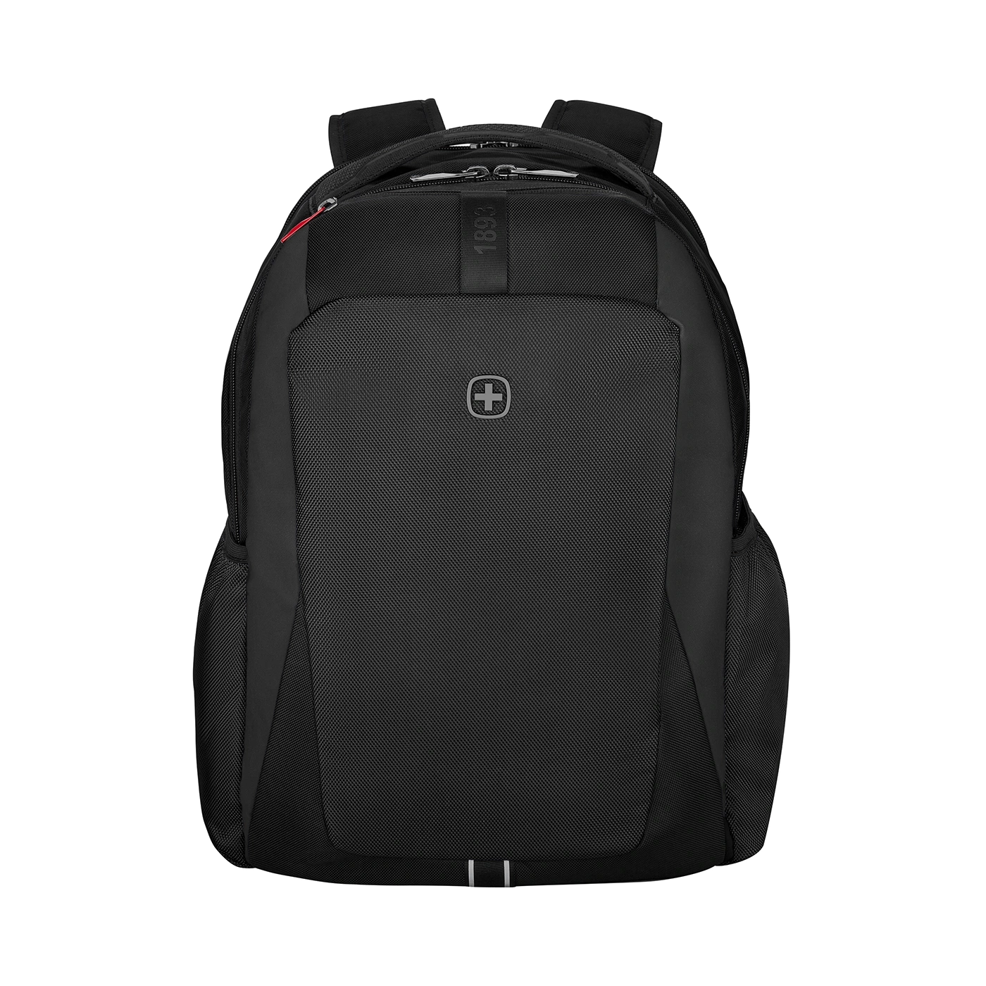 Black backpack with Swiss cross logo, 1893, on a black background, modern design.