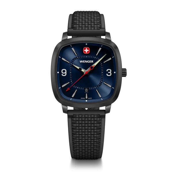 Wenger watch with blue dial and black strap, square shape, Swiss made