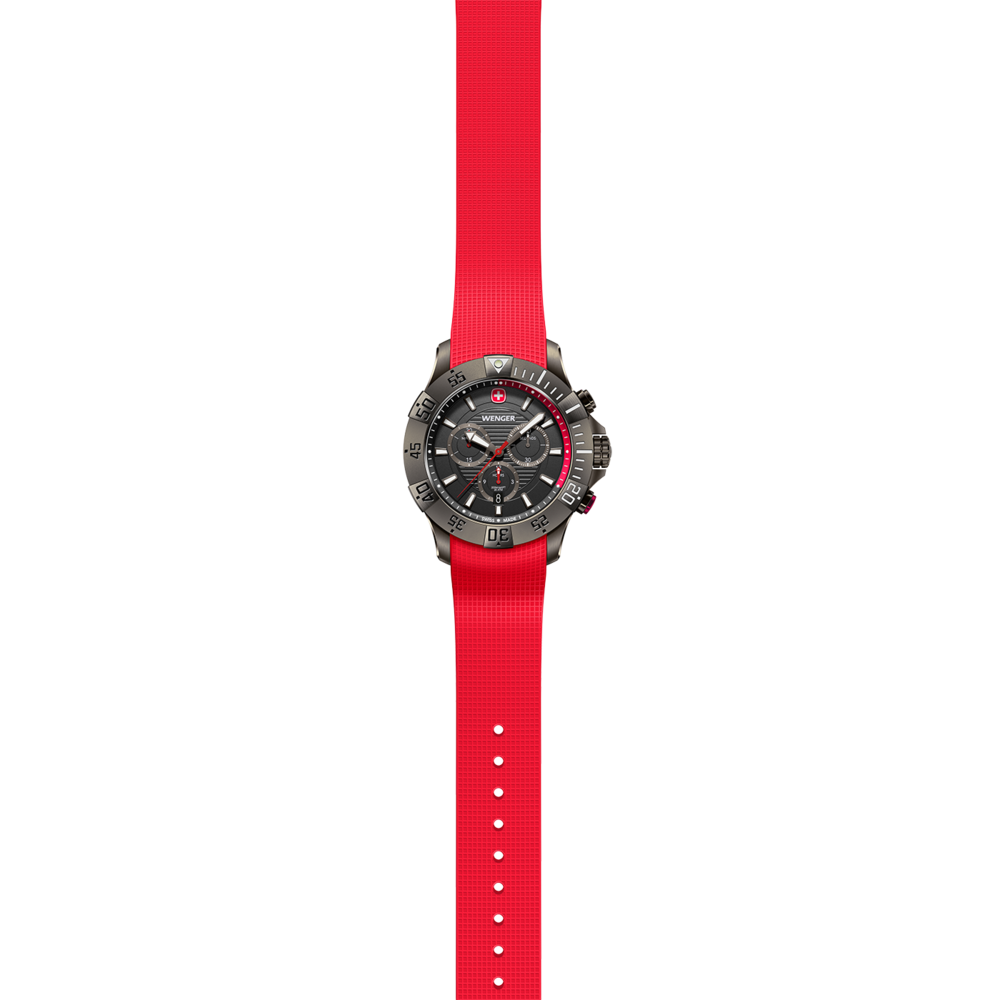 Wenger watch with red strap, black dial, and silver case, isolated