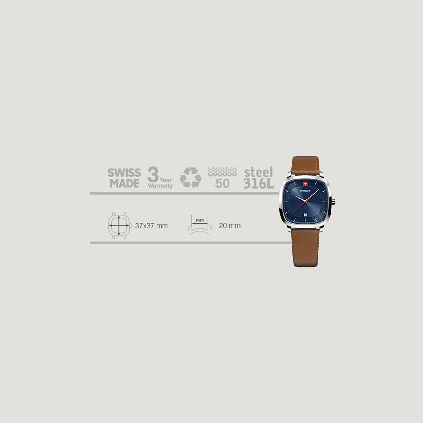 Wenger watch with brown leather strap, Swiss Made, 3 year warranty, steel