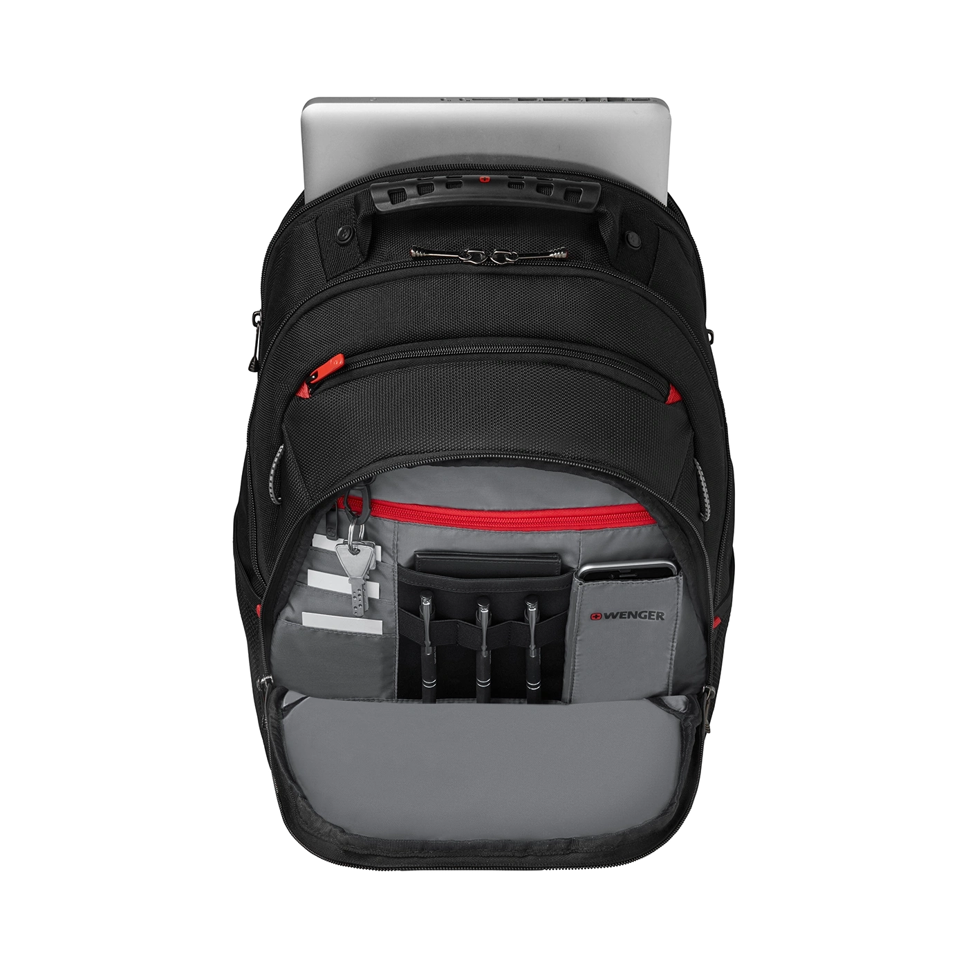 Black backpack with laptop, pens, keys, and smartphone. Wenger logo visible.