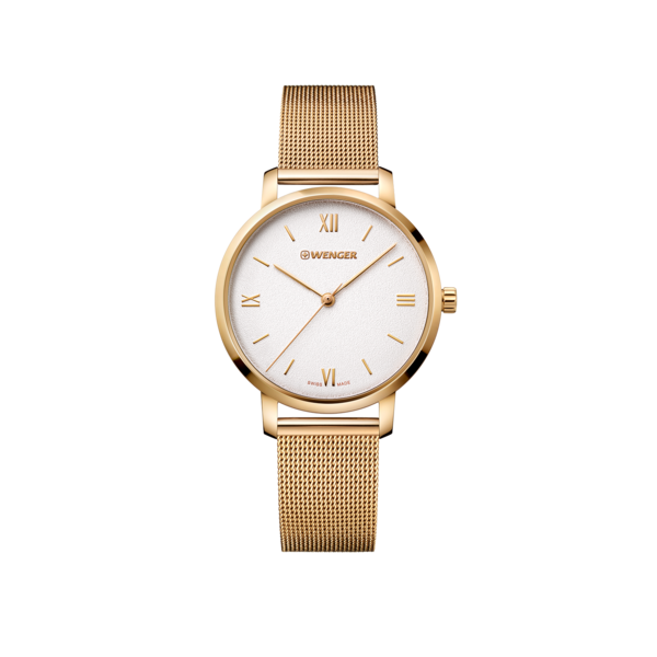 Gold Wenger watch with white face, Roman numerals, and mesh band. Swiss made.