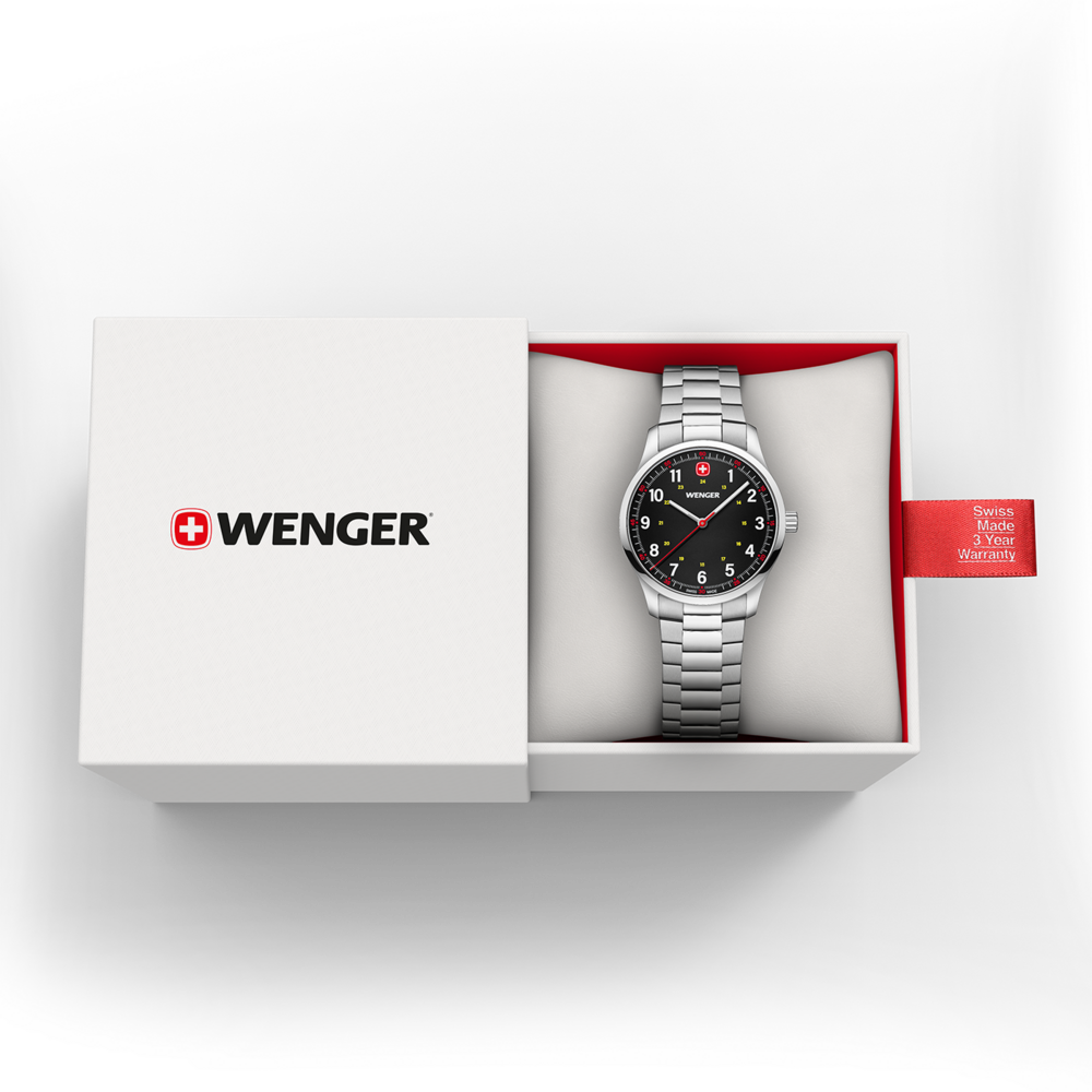 Wenger watch in box, Swiss Made, 3 year warranty, black dial, silver strap