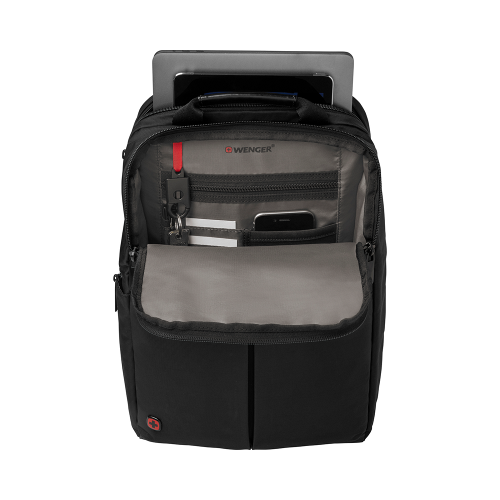 Black backpack with tablet and accessories, open pocket, Wenger logo visible