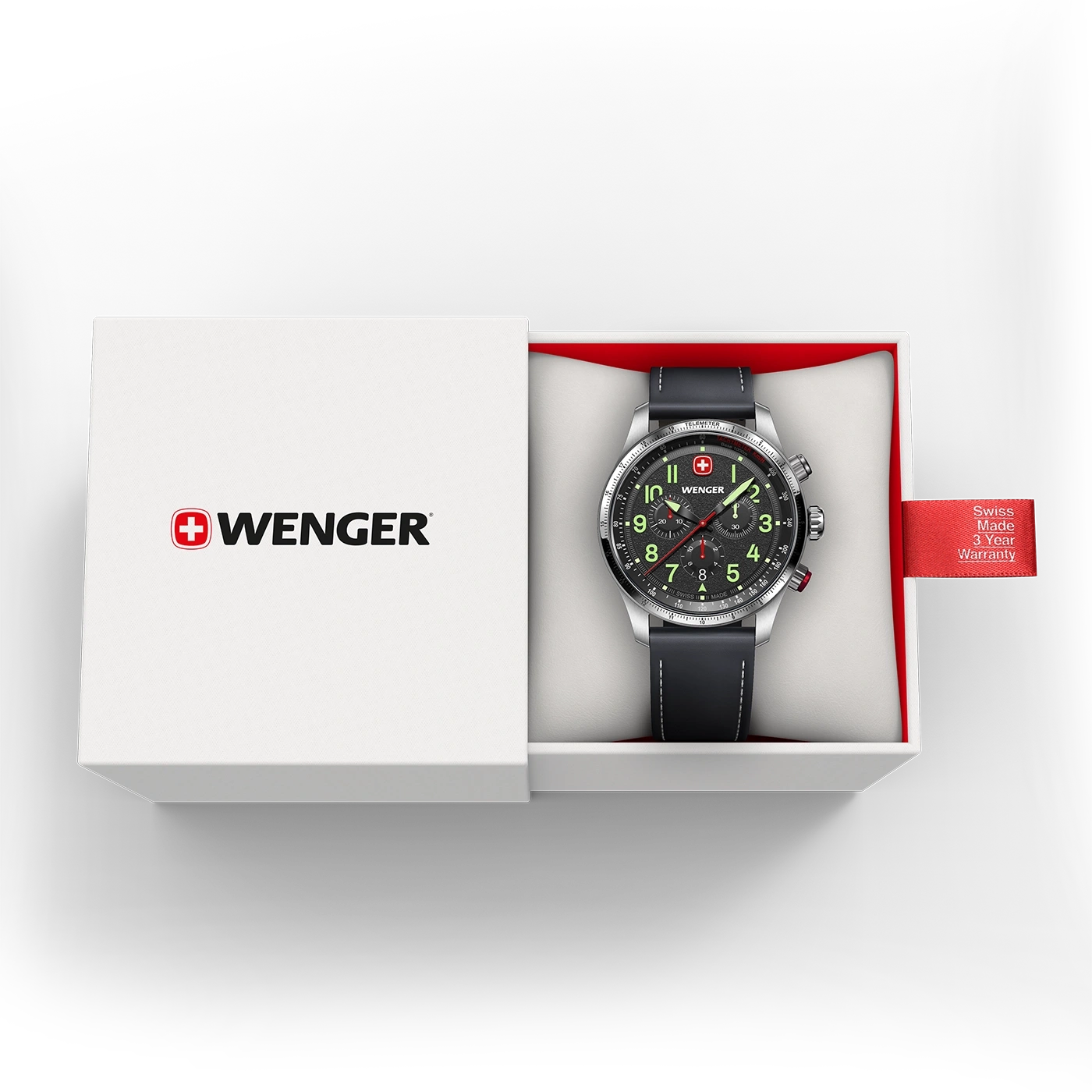 Wenger watch in box, Swiss made, 3 year warranty, black dial, leather strap