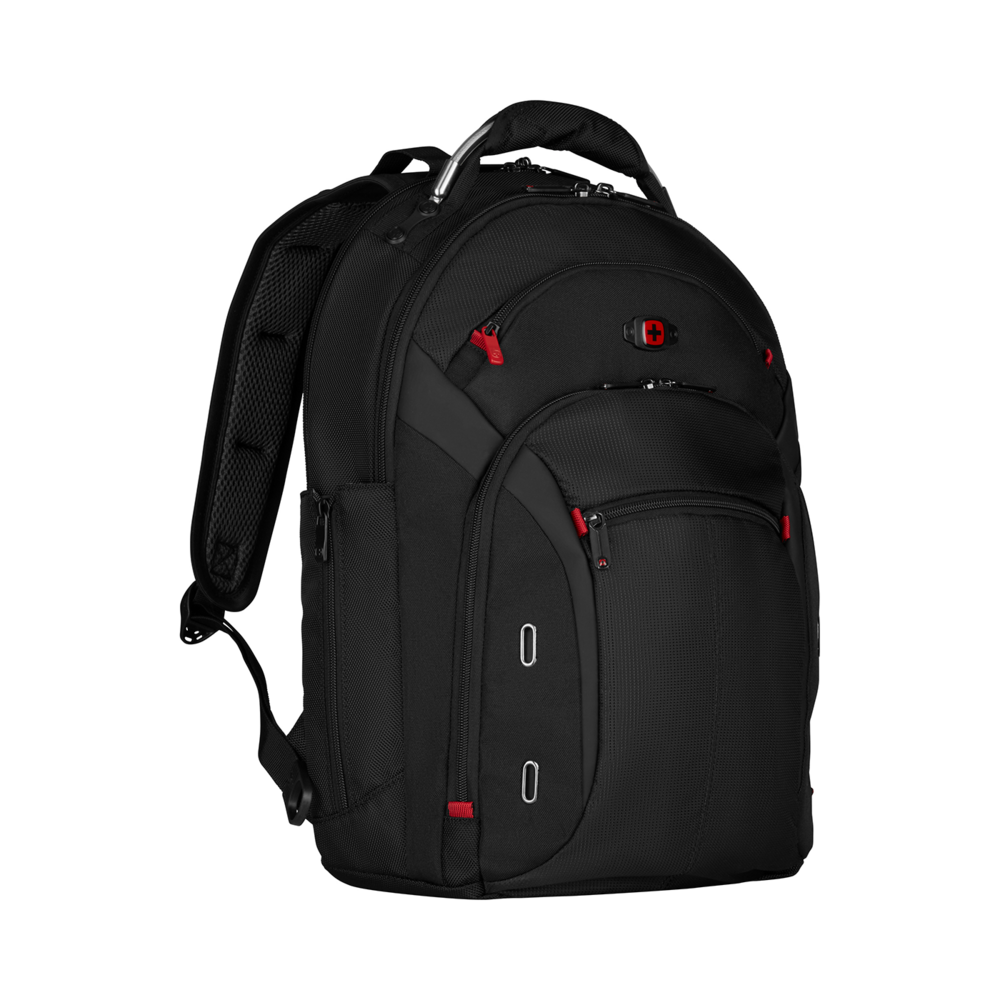 Black backpack with red zippers and Swiss cross logo on a black background.