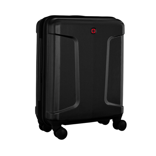 Black suitcase with wheels and red logo, travel luggage, hard shell