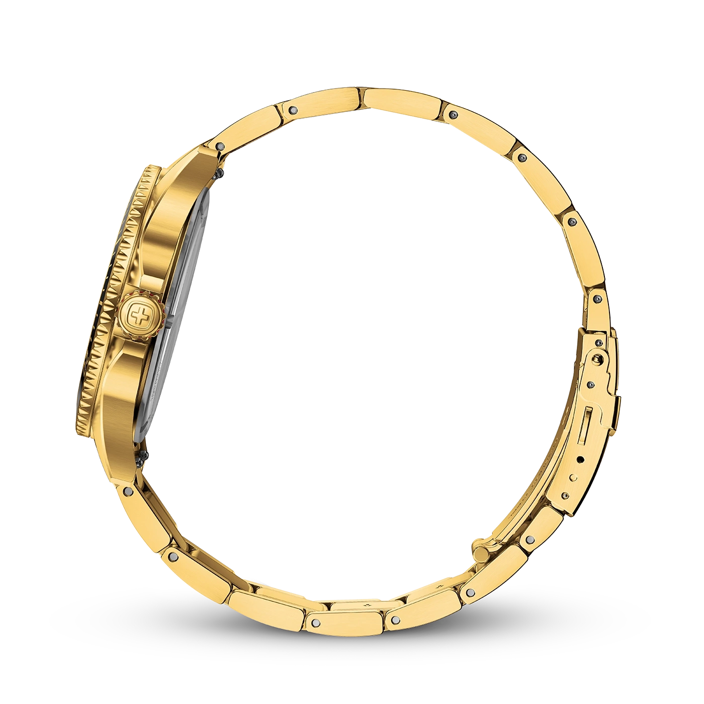 Gold watch with gold bracelet, side view, black background, close-up detail shot