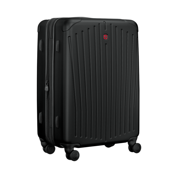 Black suitcase with wheels and zipper isolated on white background