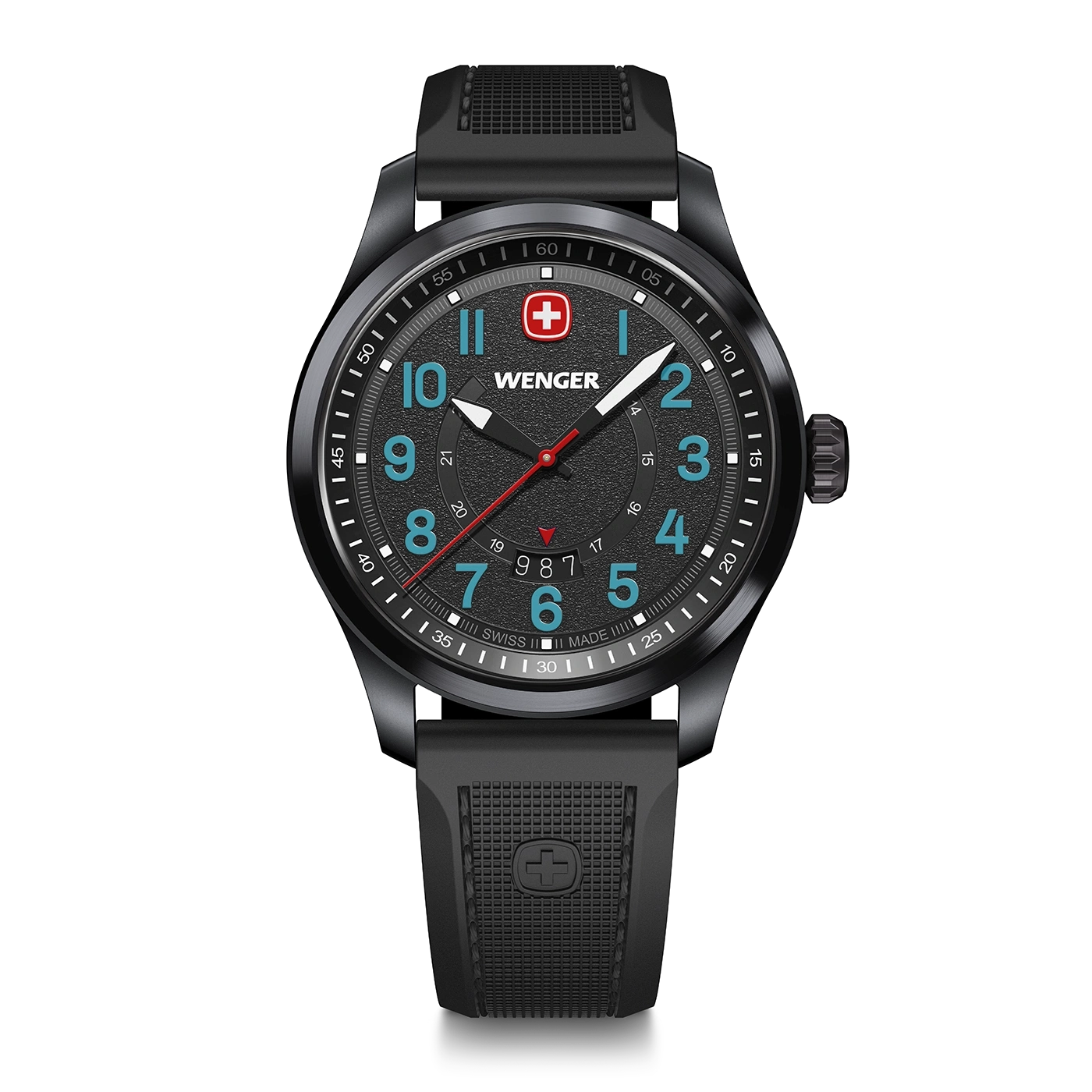 Black Wenger watch with blue-green numerals and red hands on a black background.
