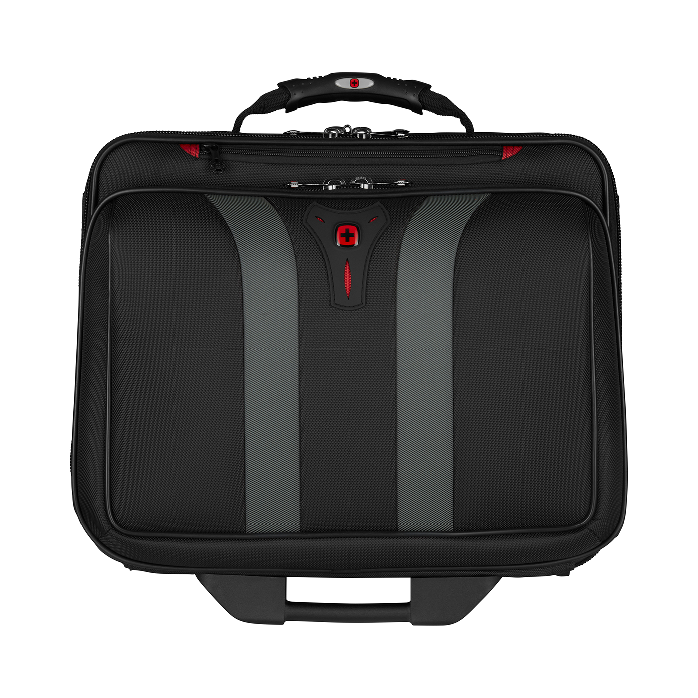 Black suitcase with gray stripes and red logo on a black background.
