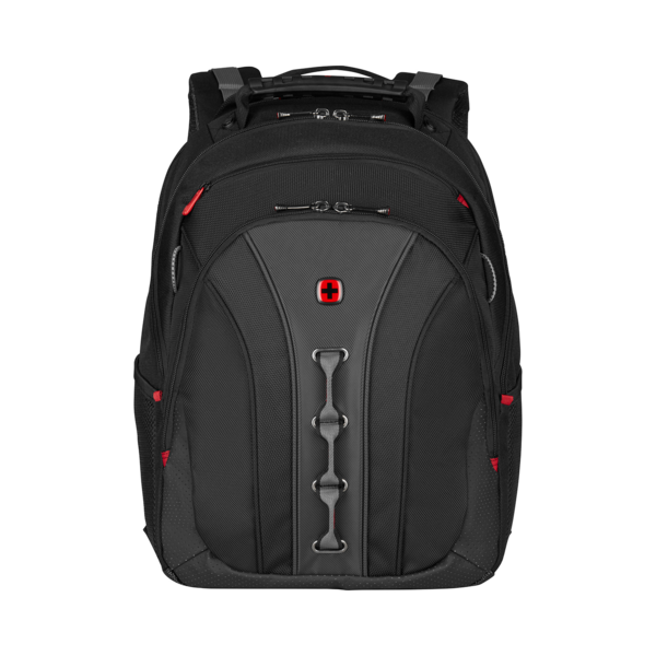 Black backpack with red accents and Swiss cross logo on black background