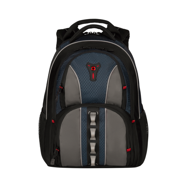 Blue backpack with red accents and zippers on a black background, perfect for travel.