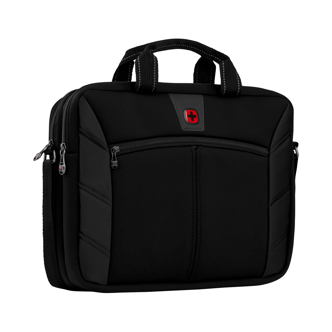 Black laptop bag with red cross logo and zippers.